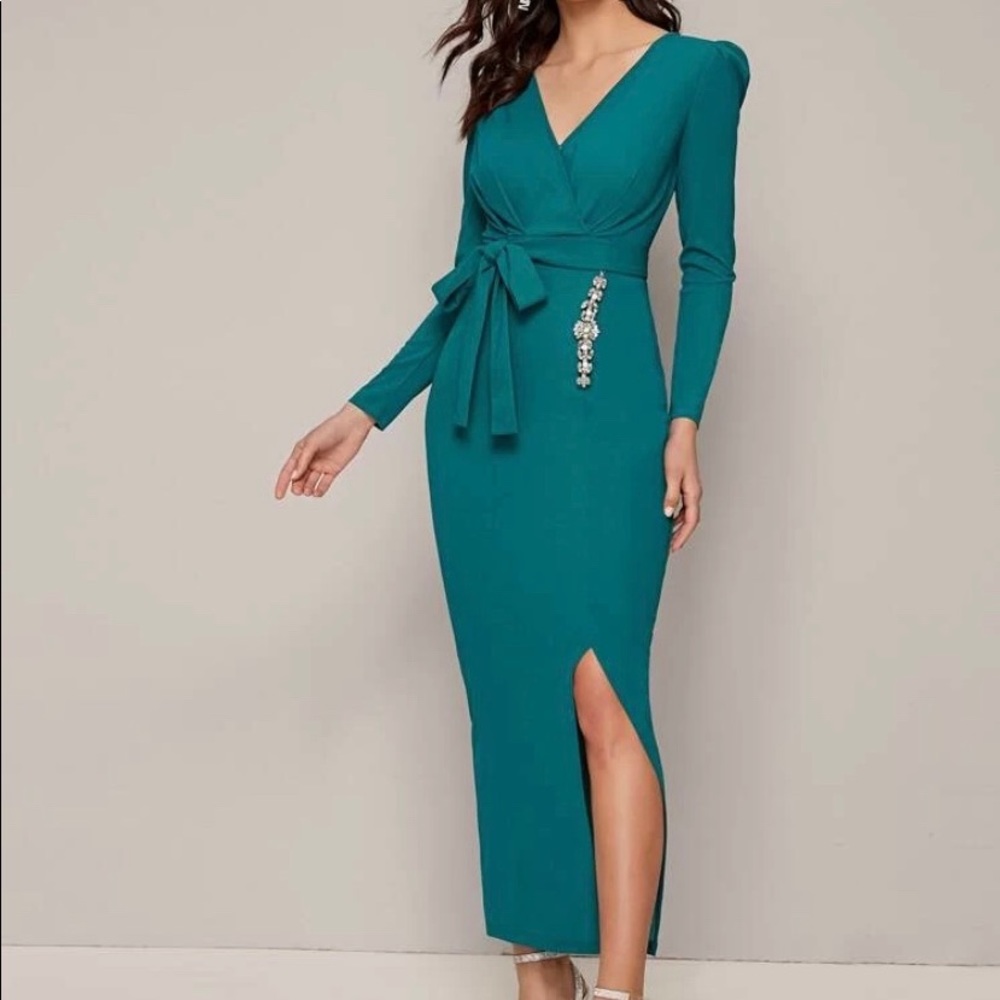 Surplice Neck Rhinestone Detail Split Hem Belted Dress